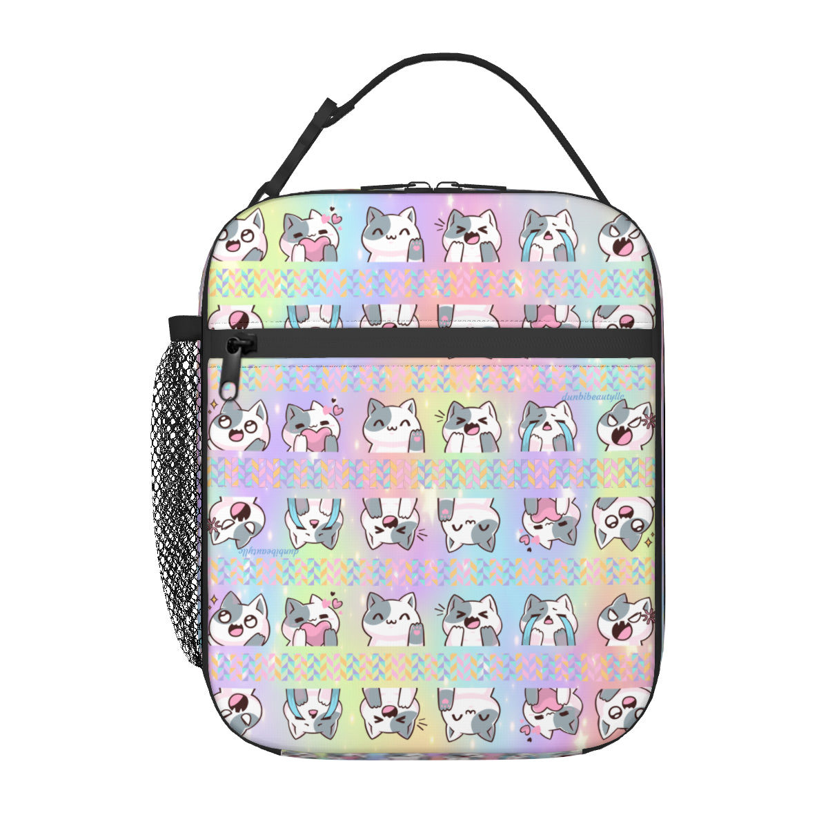 Portable Handheld Insulated Lunch Bag｜Oxford Cloth -Kawaii Cat, Anime Style, Cartoon, Emotions, Happy, Sad, Angry, Laughing, Pastel Rainbow Background (Designed by Dunbi)