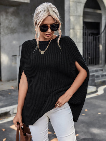 Ribbed Round Neck Slit Sleeve Knit Top