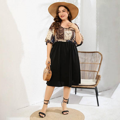 Plus Size Geomatric High Waist Gathering Dress