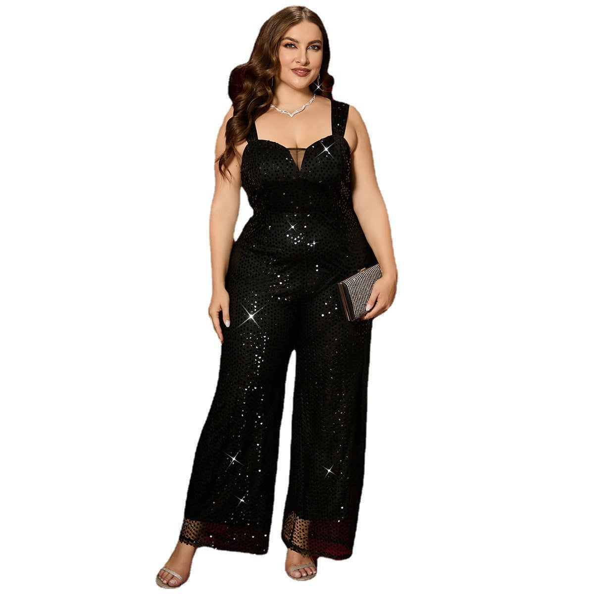 Plus Size Sequin Backless Strap Jumpsuit