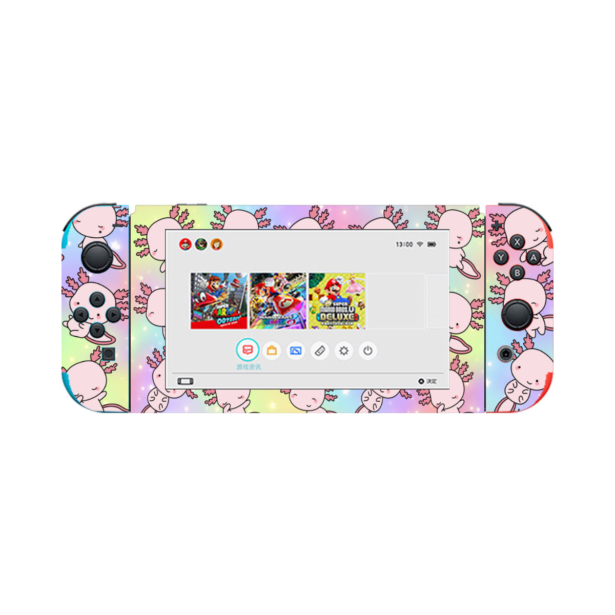 Nintendo Switch Game Console Stickers ｜PVC -Axolotl, Pastel Rainbow, Cute, Kawaii, Aesthetic, Art, Pink, Blue, Yellow, Green, Purple (Designed by Dunbi)