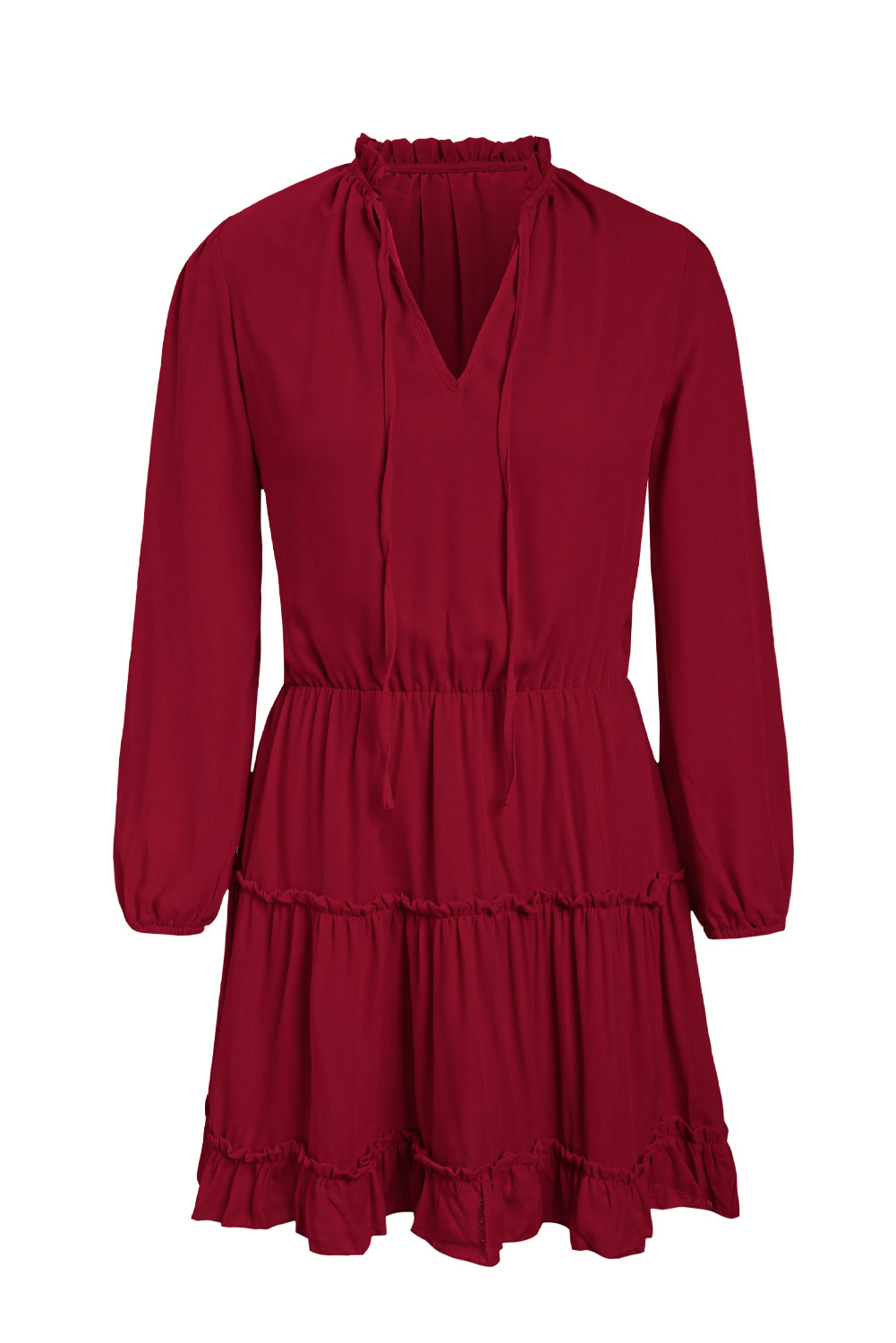 V Neck Long Sleeve Ruffle Tiered Mini Dress Kiwidrop