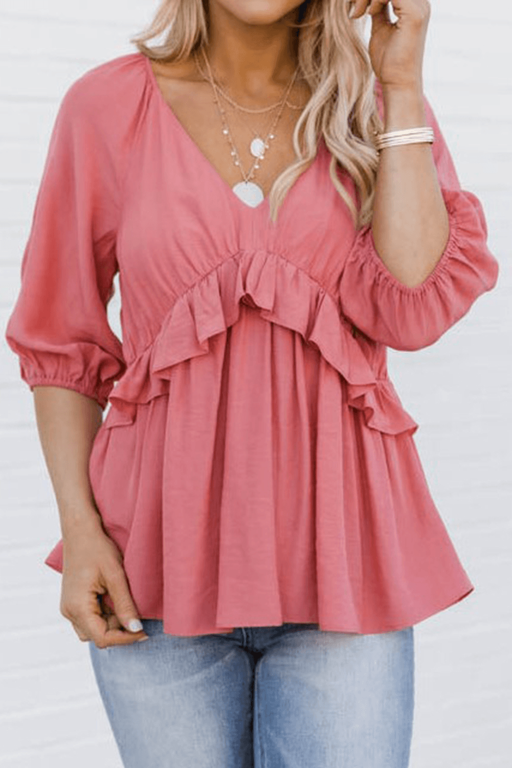 Pink Ruffled Half Sleeve V Neck Babydoll Top Kiwidrop