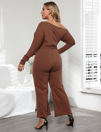 Plus Size Women's Long-Sleeved Jumpsuit With Straps Kiwidrop