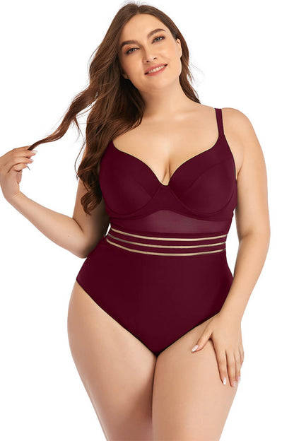 Plus Size Spliced Mesh Tie-Back One-Piece Swimsuit Trendsi