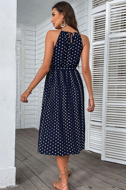 Polka Dot Tie-Waist Sleeveless Midi Dress Trendsi