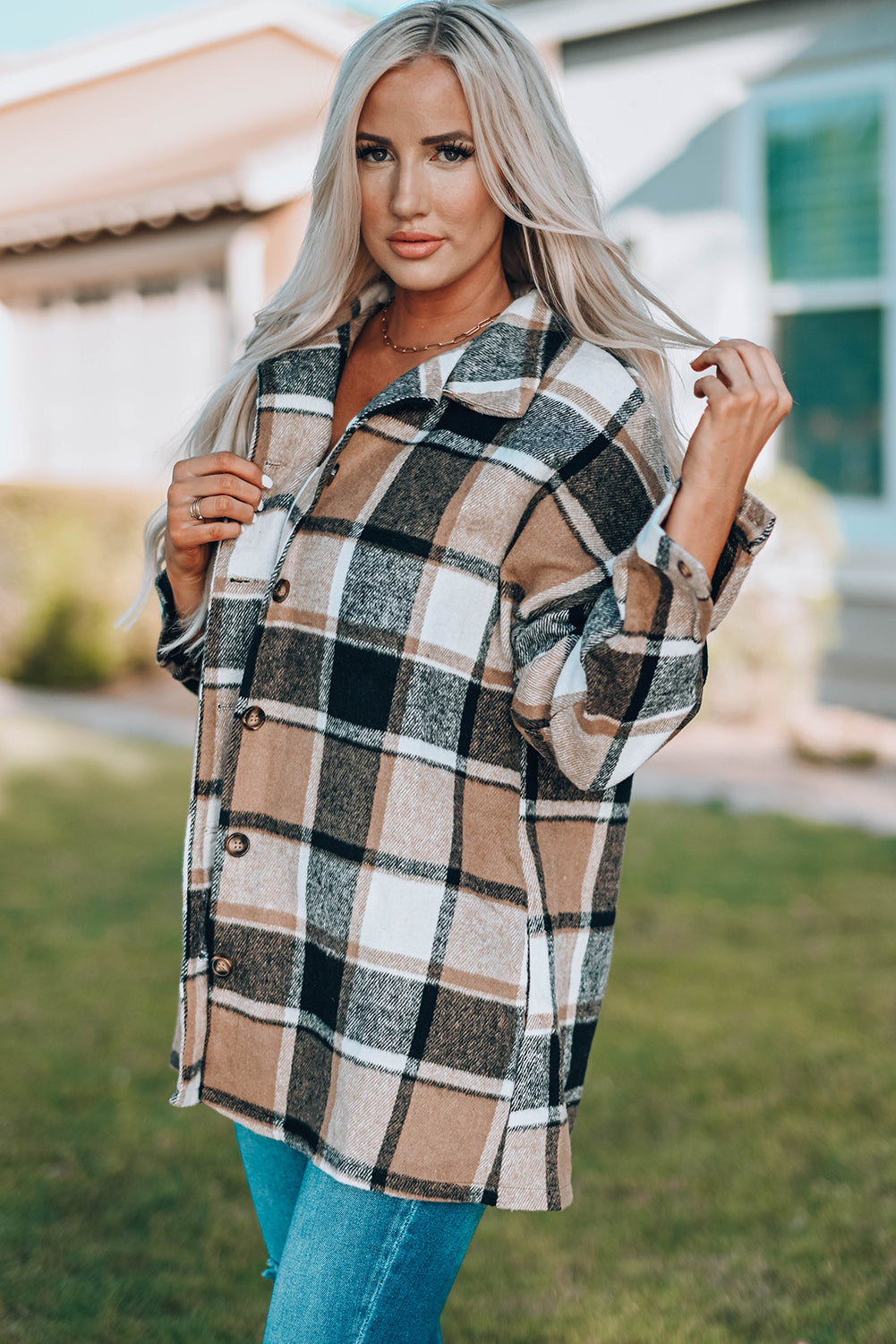 Plaid Print Buttoned Shirt Jacket Kiwidrop