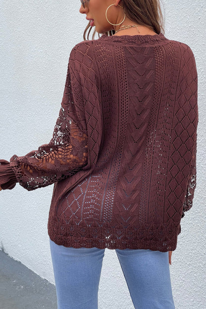 Spliced Lace Crochet Sleeve Sweater Trendsi