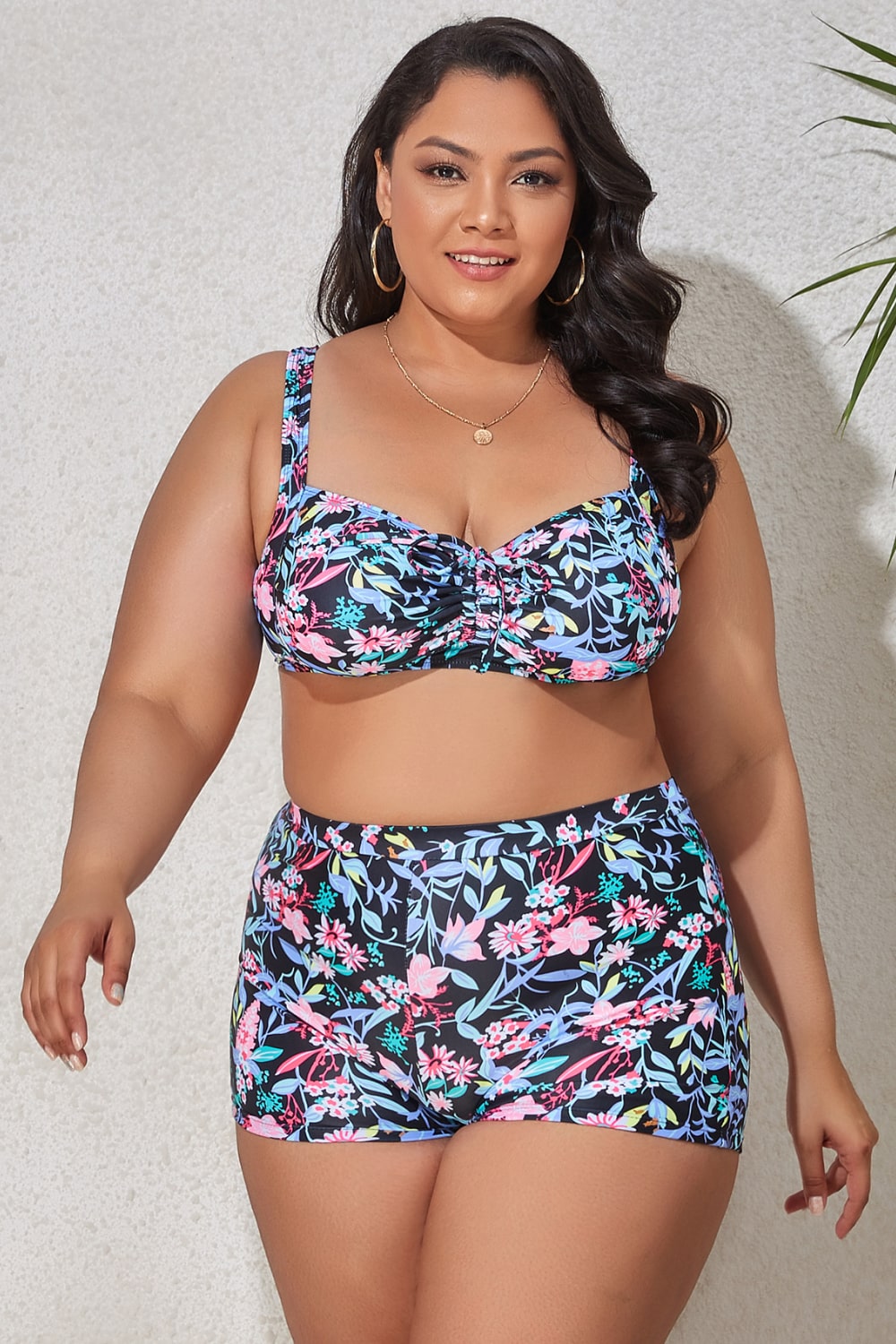 Plus Size Drawstring Detail Two-Piece Swimsuit Trendsi