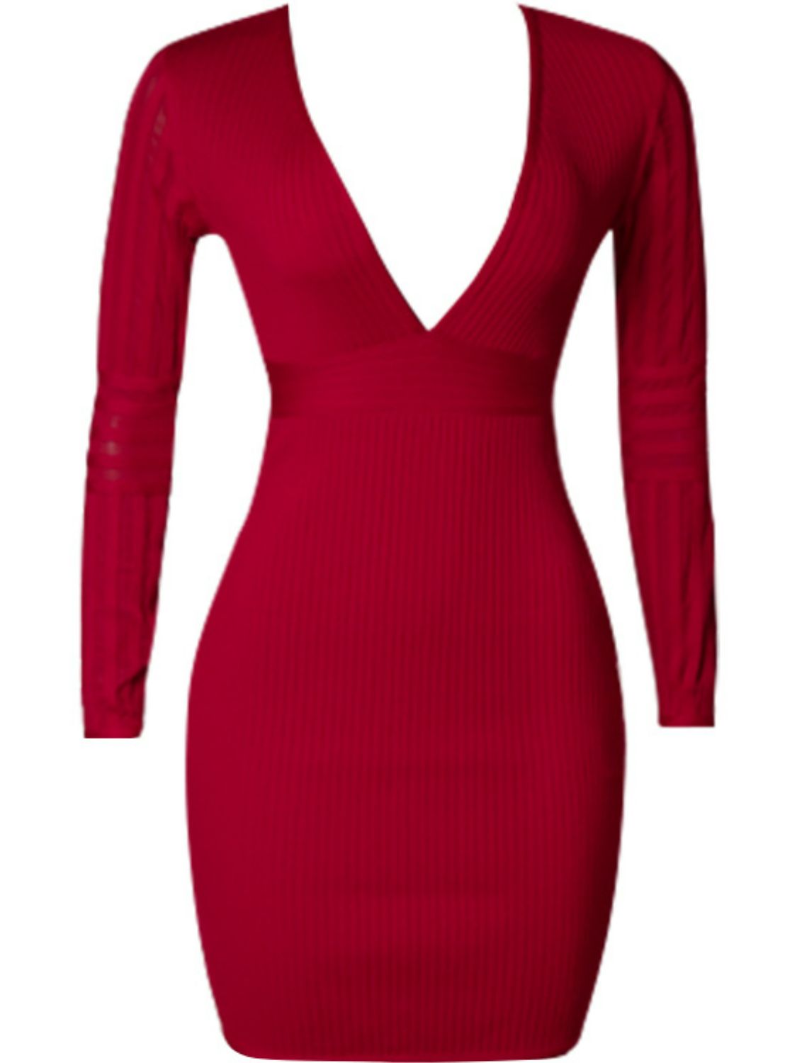 Ribbed Deep V Long Sleeve Mini Bandage Dress Trendsi