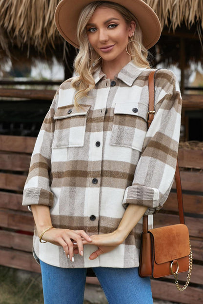 Plaid Dropped Shoulder Pocket Shacket Trendsi