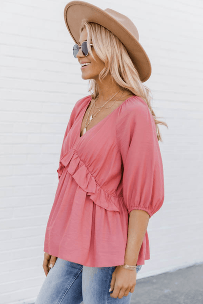 Pink Ruffled Half Sleeve V Neck Babydoll Top Kiwidrop