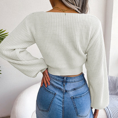 Tie-Front Rib-Knit Cropped Sweater Trendsi