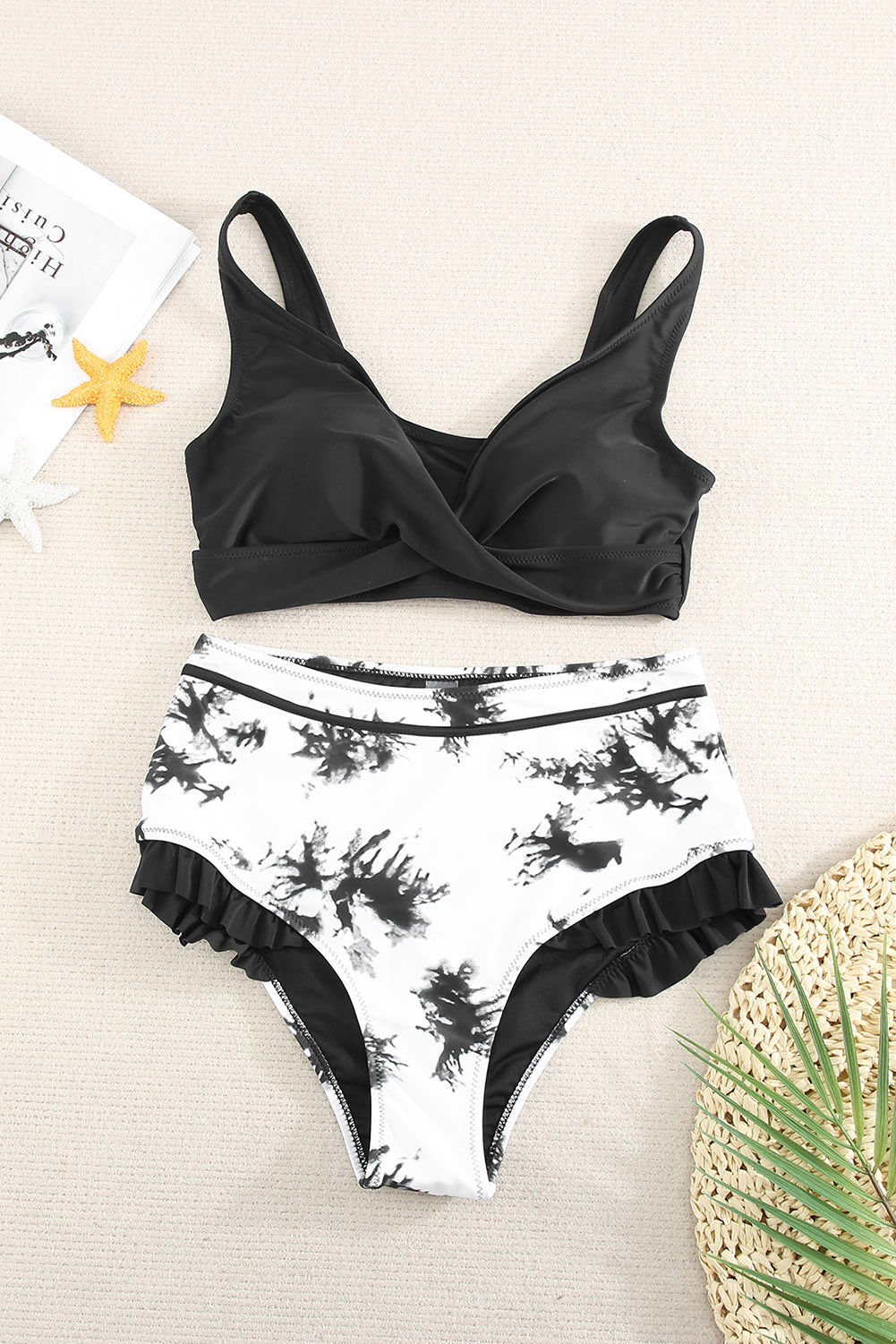 Two-Tone Crisscross Frill Trim Two-Piece Swimsuit Trendsi