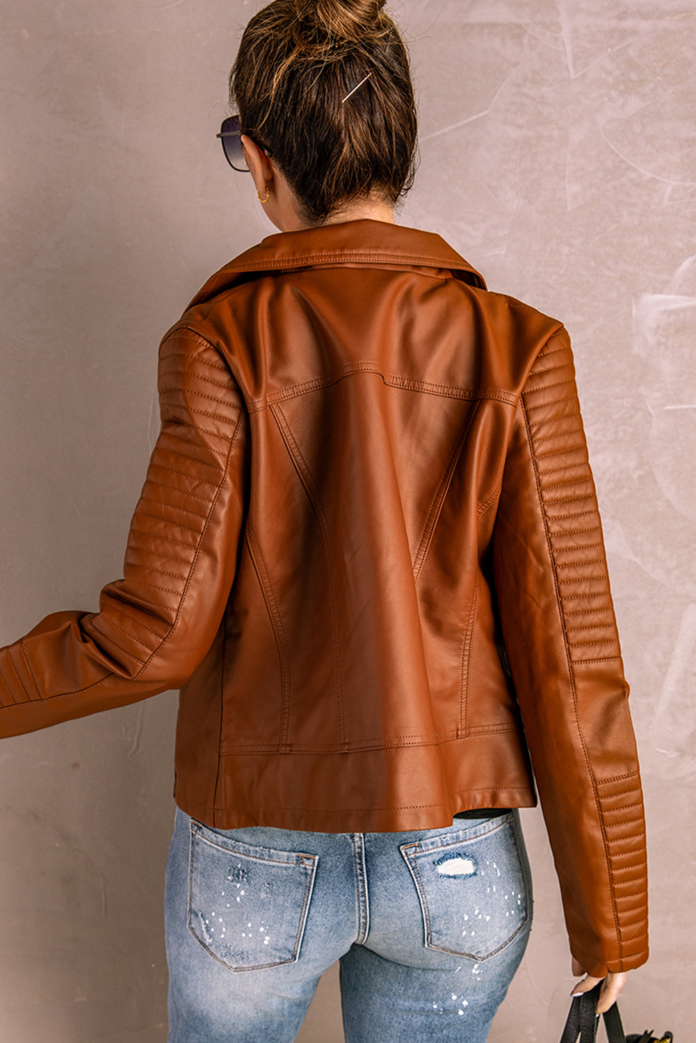 Ribbed Faux Leather Jacket Trendsi