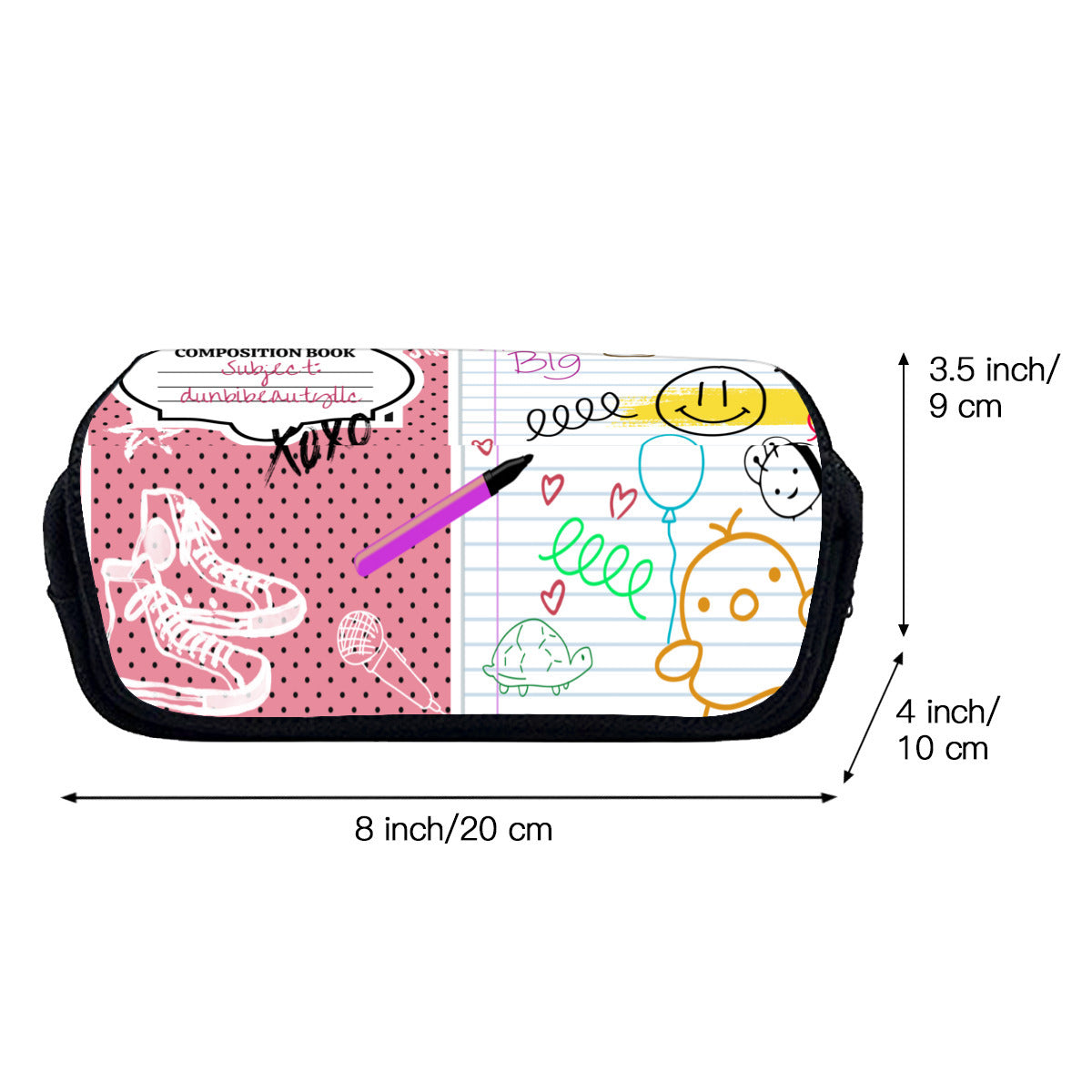 Double Flap Pencil Case｜Oxford Fabric -Back to School, Composition Notebook Style, Doodles, Scribbles, Writing, Girl, Pink (Designed by Dunbi)