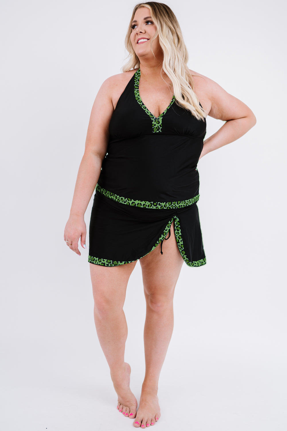 Plus Size Leopard Halter Neck Two-Piece Swimsuit Trendsi