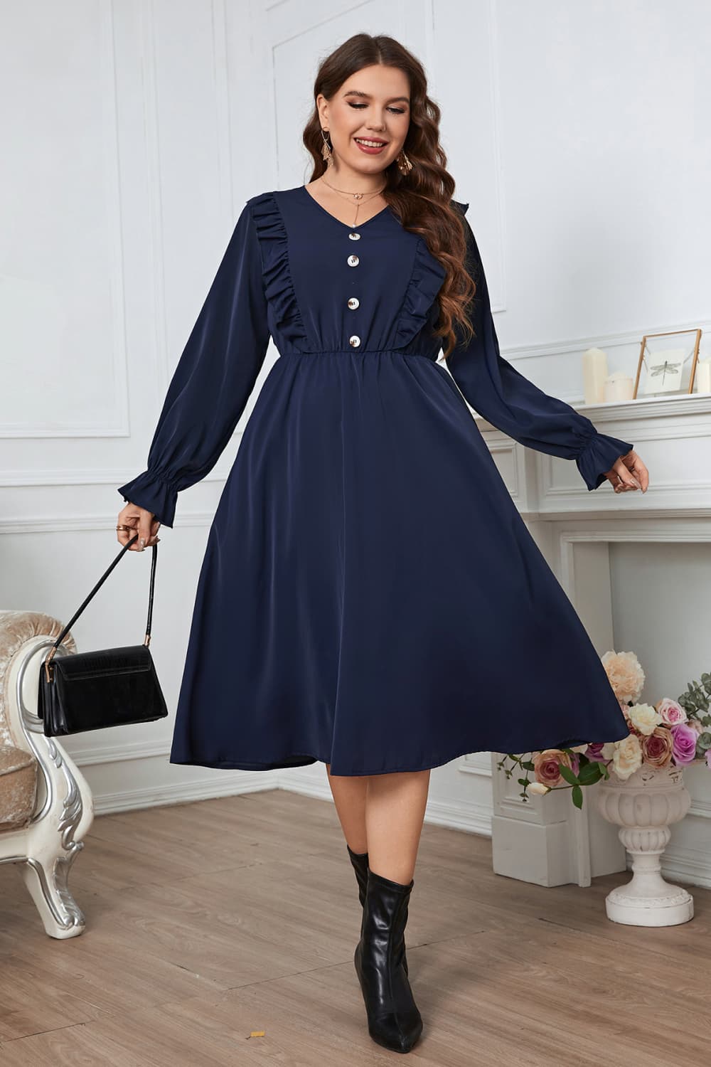 Plus Size V-Neck Buttoned Flounce Sleeve Dress