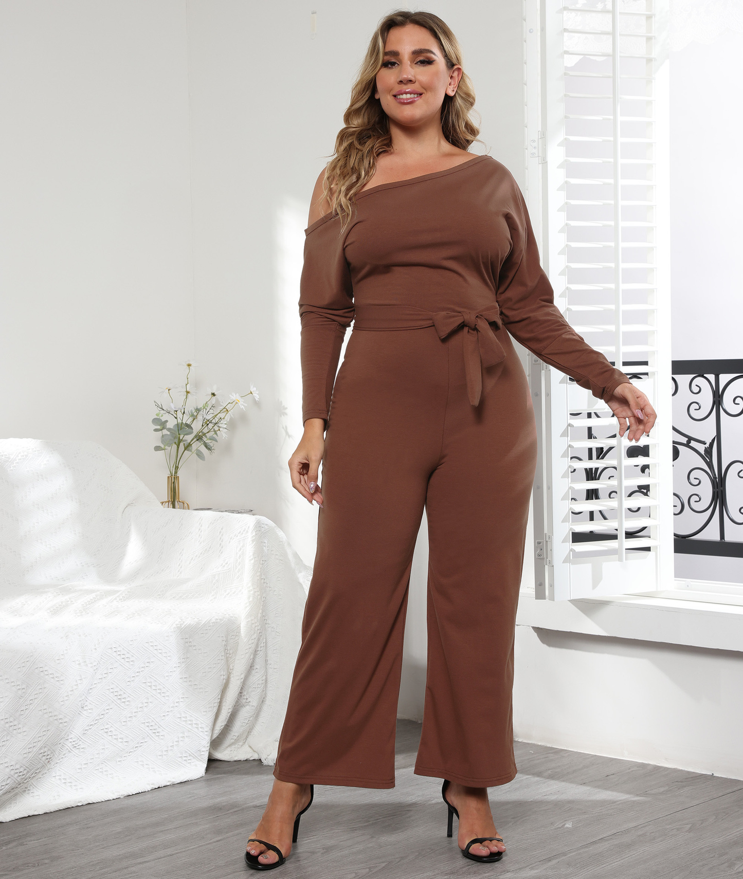 Plus Size Women's Long-Sleeved Jumpsuit With Straps Kiwidrop