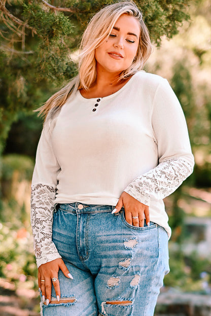 Plus Size Spliced Lace Ribbed Henley Top Trendsi