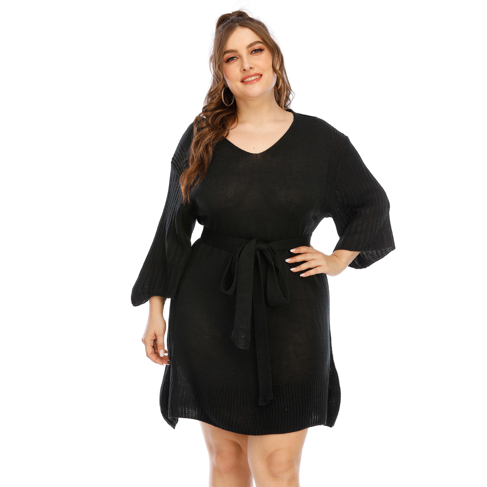 Plus Size V-Line Asymmetrical Women's Belted Dress Kiwidrop