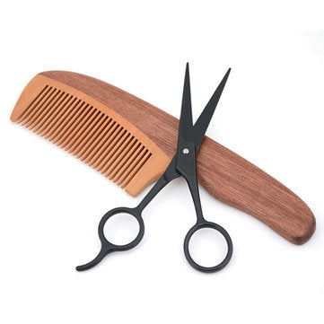 Men Intensive Wooden Beard Comb Scissors Two-piece Set Mustache Grooming Brushes Hypersku