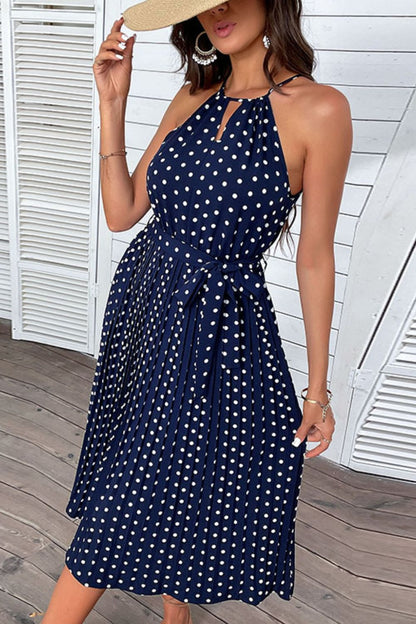 Polka Dot Tie-Waist Sleeveless Midi Dress Trendsi