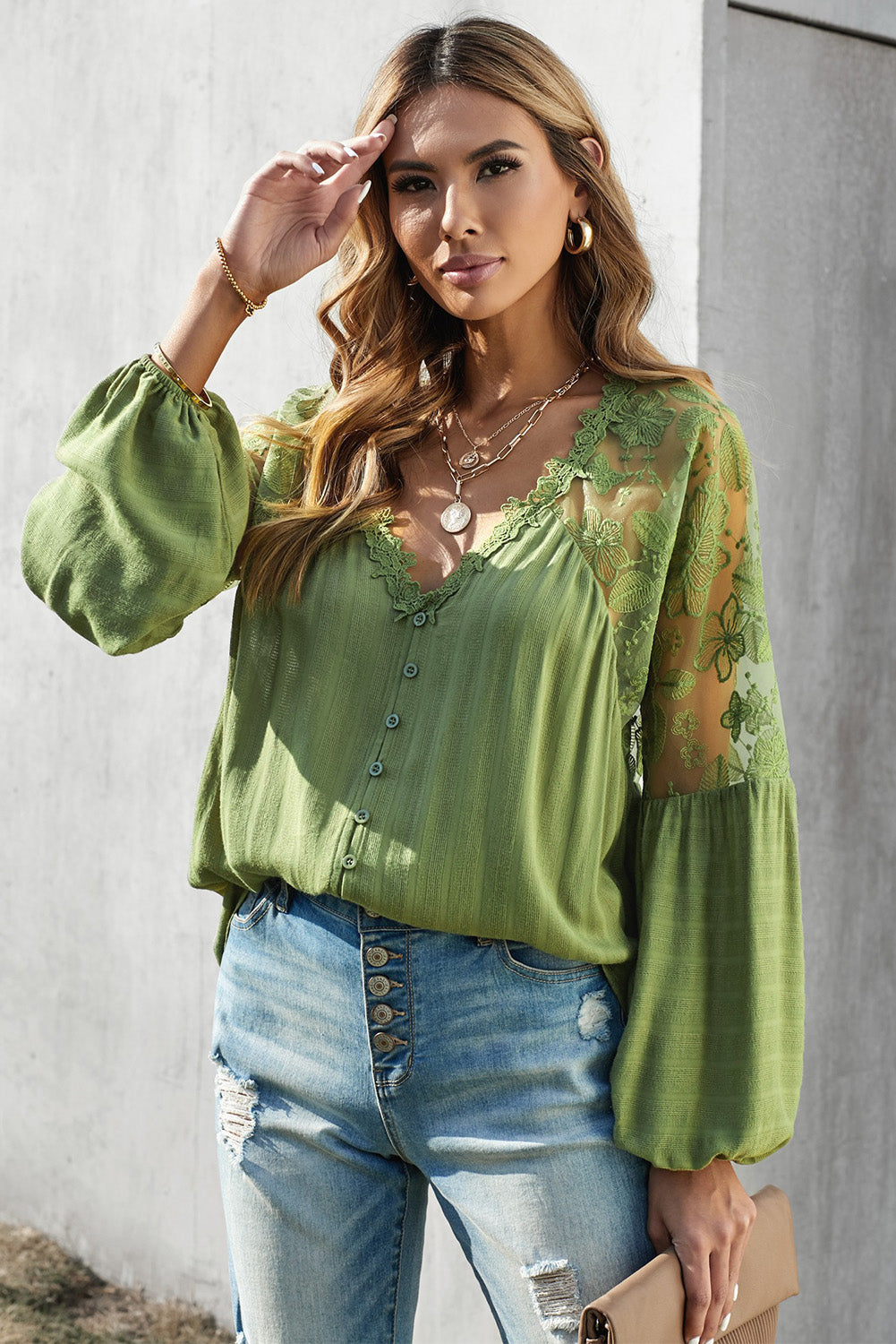 V Neckline Lace Shoulder Patchwork Blouse Kiwidrop