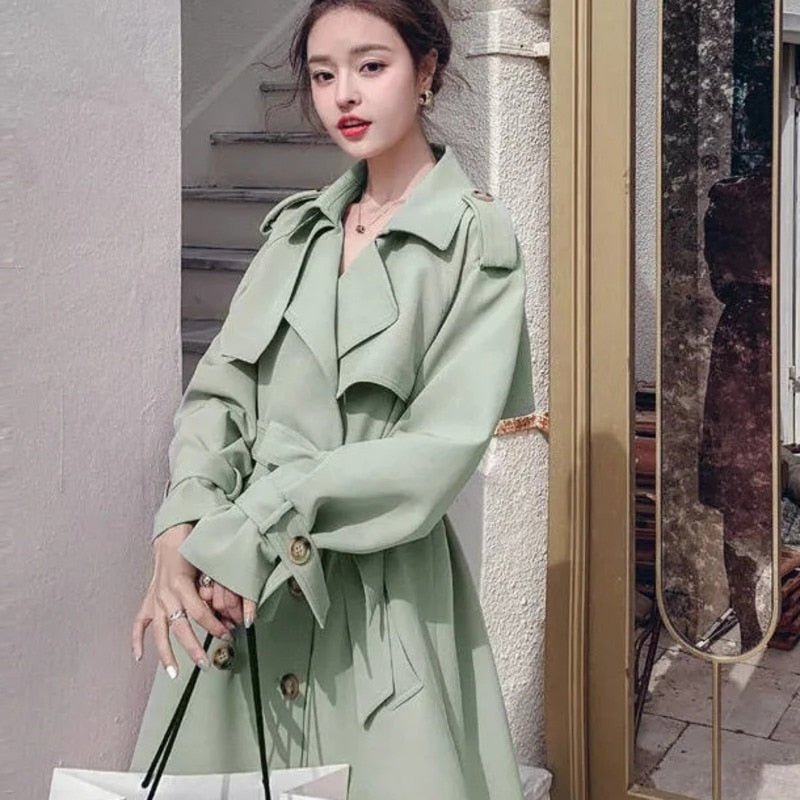 Abrigo Mujer Pink Green Women's Trench Coat, Long Duster With Belt Spring Fall Fashion Temperament Korean Casual Jacket 2022 - DunbiBeauty, LLC