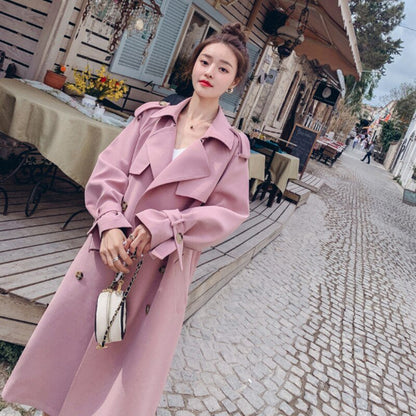 Abrigo Mujer Pink Green Women's Trench Coat, Long Duster With Belt Spring Fall Fashion Temperament Korean Casual Jacket 2022 - DunbiBeauty, LLC