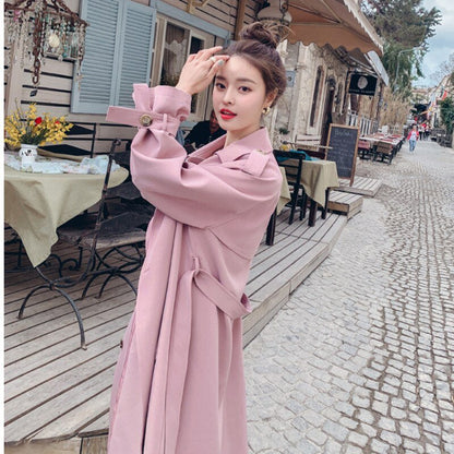 Abrigo Mujer Pink Green Women's Trench Coat, Long Duster With Belt Spring Fall Fashion Temperament Korean Casual Jacket 2022 - DunbiBeauty, LLC