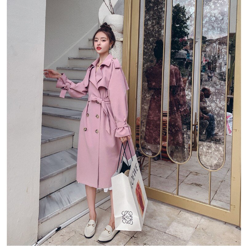 Abrigo Mujer Pink Green Women's Trench Coat, Long Duster With Belt Spring Fall Fashion Temperament Korean Casual Jacket 2022 - DunbiBeauty, LLC