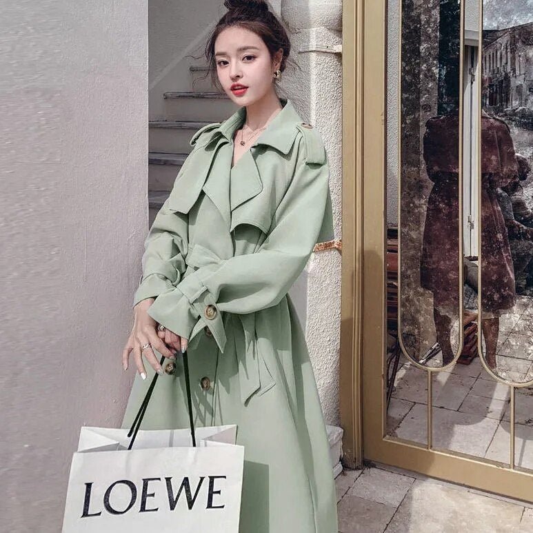 Abrigo Mujer Pink Green Women's Trench Coat, Long Duster With Belt Spring Fall Fashion Temperament Korean Casual Jacket 2022 - DunbiBeauty, LLC