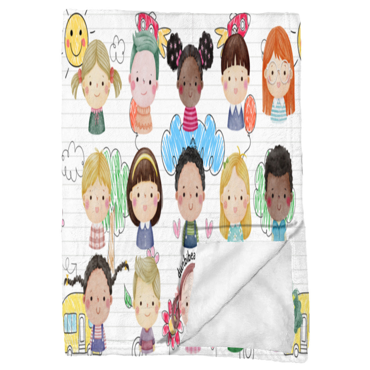 Single-Sided Printed Children's Blanket | 280GSM Polyester - Kids, Notebook, Rocket, Sun, Smiley, School Bus, Tree, Flowers, Hearts, Clouds, Nature, Children, Boys, Girls, Friendship (Designed by Dunbi)