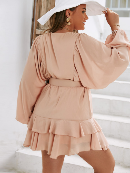 Plus Lantern Sleeve Ruffle Hem Belted Dress Kiwidrop