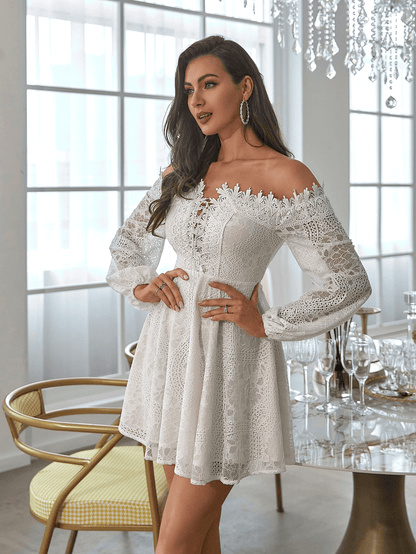 Off-Shoulder Lace-Up Front Lantern Sleeve Lace Dress Kiwidrop