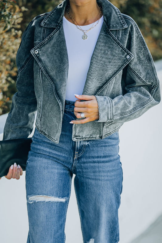 Acid Wash Lapel Collar Cropped Denim Jacket - DunbiBeauty, LLC