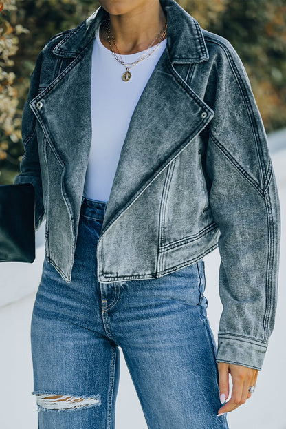 Acid Wash Lapel Collar Cropped Denim Jacket - DunbiBeauty, LLC