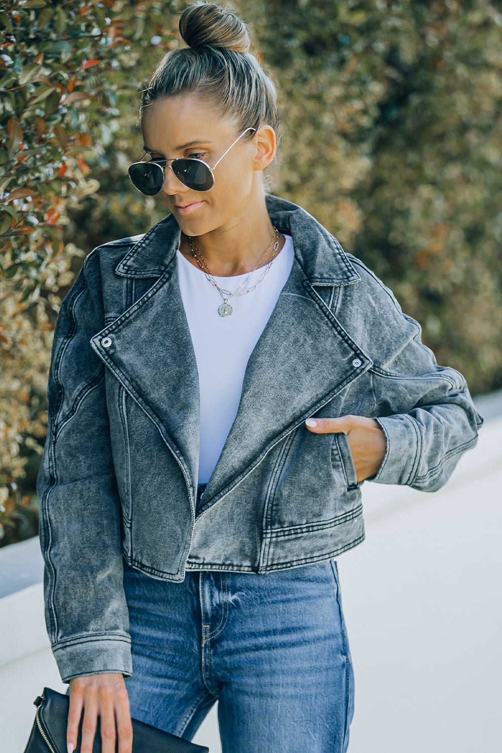 Acid Wash Lapel Collar Cropped Denim Jacket - DunbiBeauty, LLC