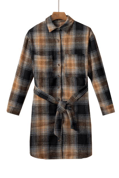 Plaid Chest Pocket Shirt Mini Dress With Belt Kiwidrop