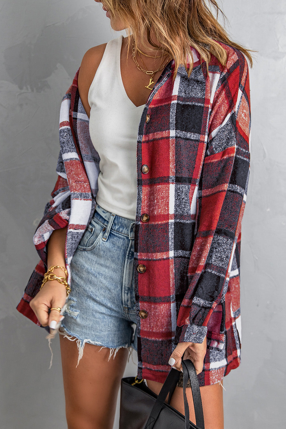 Plaid Print Buttoned Shirt Jacket Kiwidrop