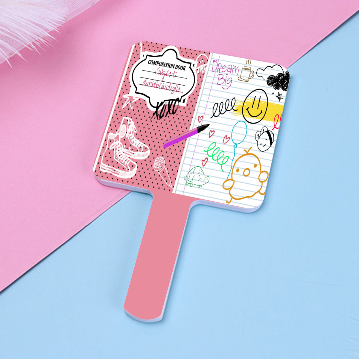 Handle Square Mirror｜Rubber -Back to School, Composition Notebook Style, Doodles, Scribbles, Writing, Girl, Pink (Designed by Dunbi)