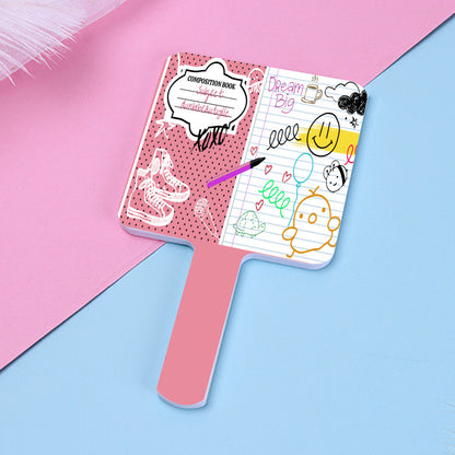 Handle Square Mirror｜Rubber -Back to School, Composition Notebook Style, Doodles, Scribbles, Writing, Girl, Pink (Designed by Dunbi)