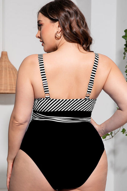 Plus Size Striped Tie-Waist One-Piece Swimsuit Trendsi