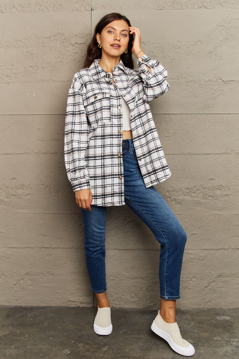 Ninexis Full Size Plaid Collared Neck Button-Down Long Sleeve Jacket