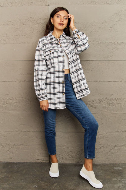 Ninexis Full Size Plaid Collared Neck Button-Down Long Sleeve Jacket