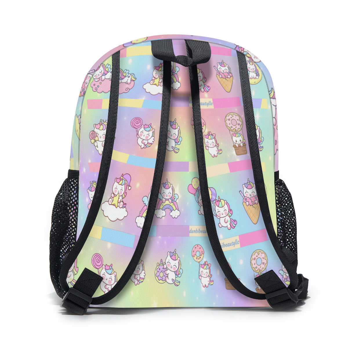 Student Schoolbag (Multi-sided design) | Polyester -Kawaii Unicorn, Pastel Rainbow, Clouds, Pink, Purple, Blue, Yellow, Sleepy Unicorn, Hungry Unicorn, Moon, Candy, Donuts, Ice Cream (Designed by Dunbi)