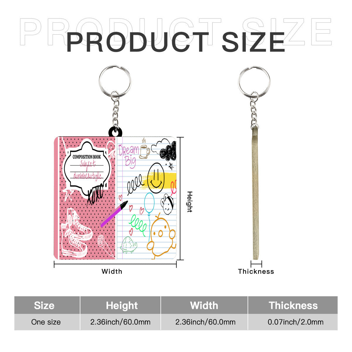 Wooden square keychain (double-sided design) | MDF - Back to School, Composition Notebook Style, Doodles, Scribbles, Writing, Girl, Pink (Designed by Dunbi)