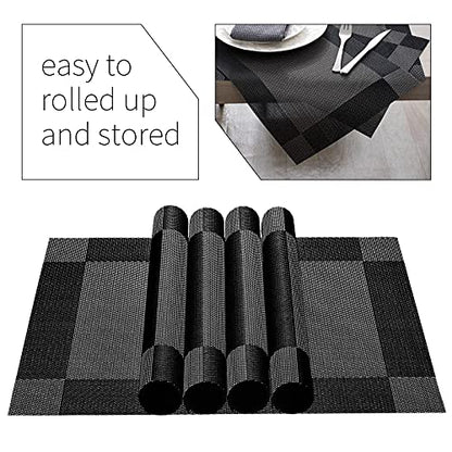 AHHFSMEI Placemats，Placemats Set of 6 for Dining Table Washable Woven Vinyl Non-Slip Placemat Heat-Resistant Durable Table Mats for Dining Table Easy to Clean（Black Corner） - DunbiBeauty, LLC