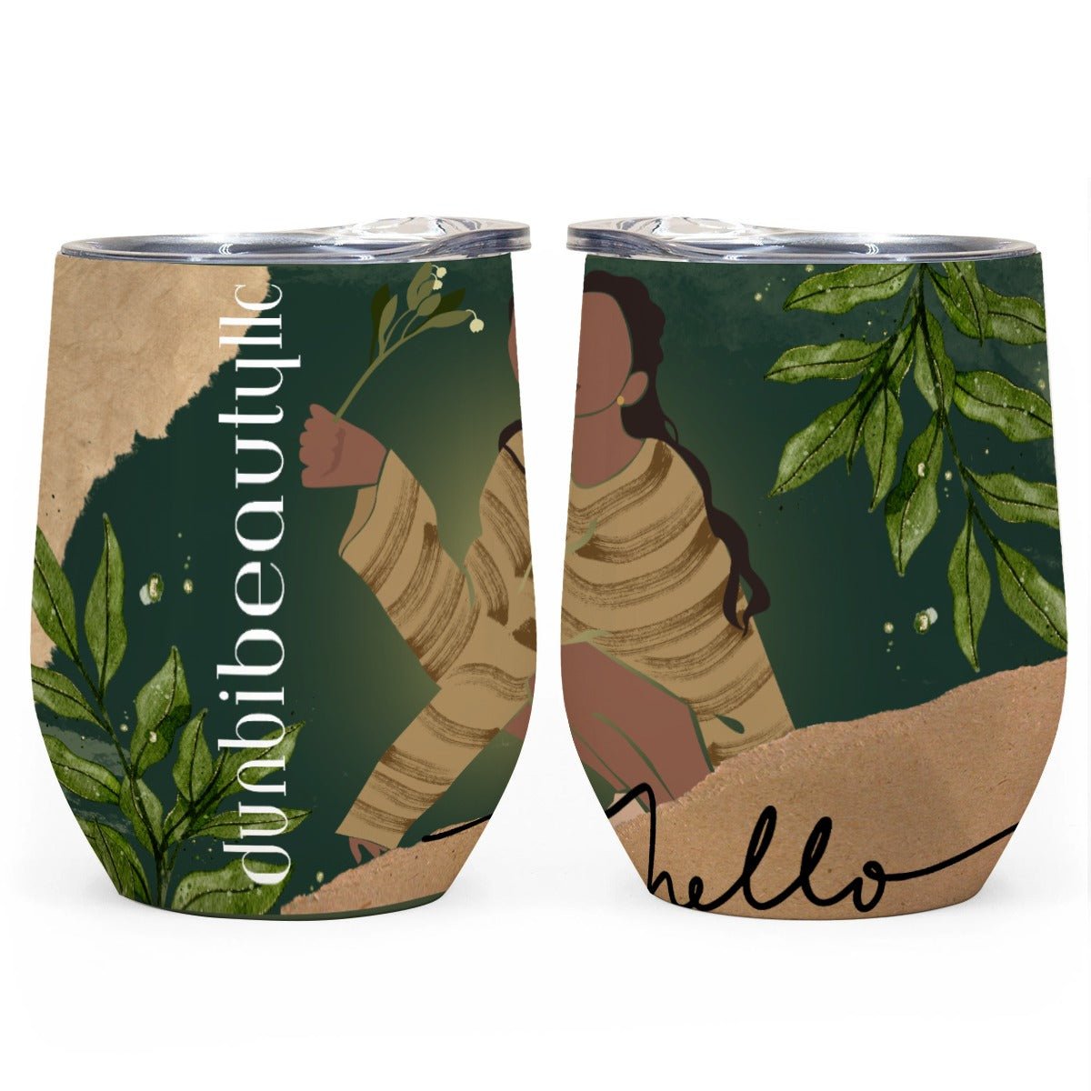 All-Over Print Egg Cup Wine Tumbler|12OZ Black Woman with Flowers, Green, Grace, Beauty (Designed by Dunbi) - DunbiBeauty, LLC